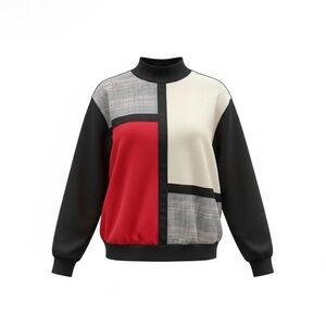 Alfred Dunner Black and Cream Colorblock Mock Neck Sweatshirt